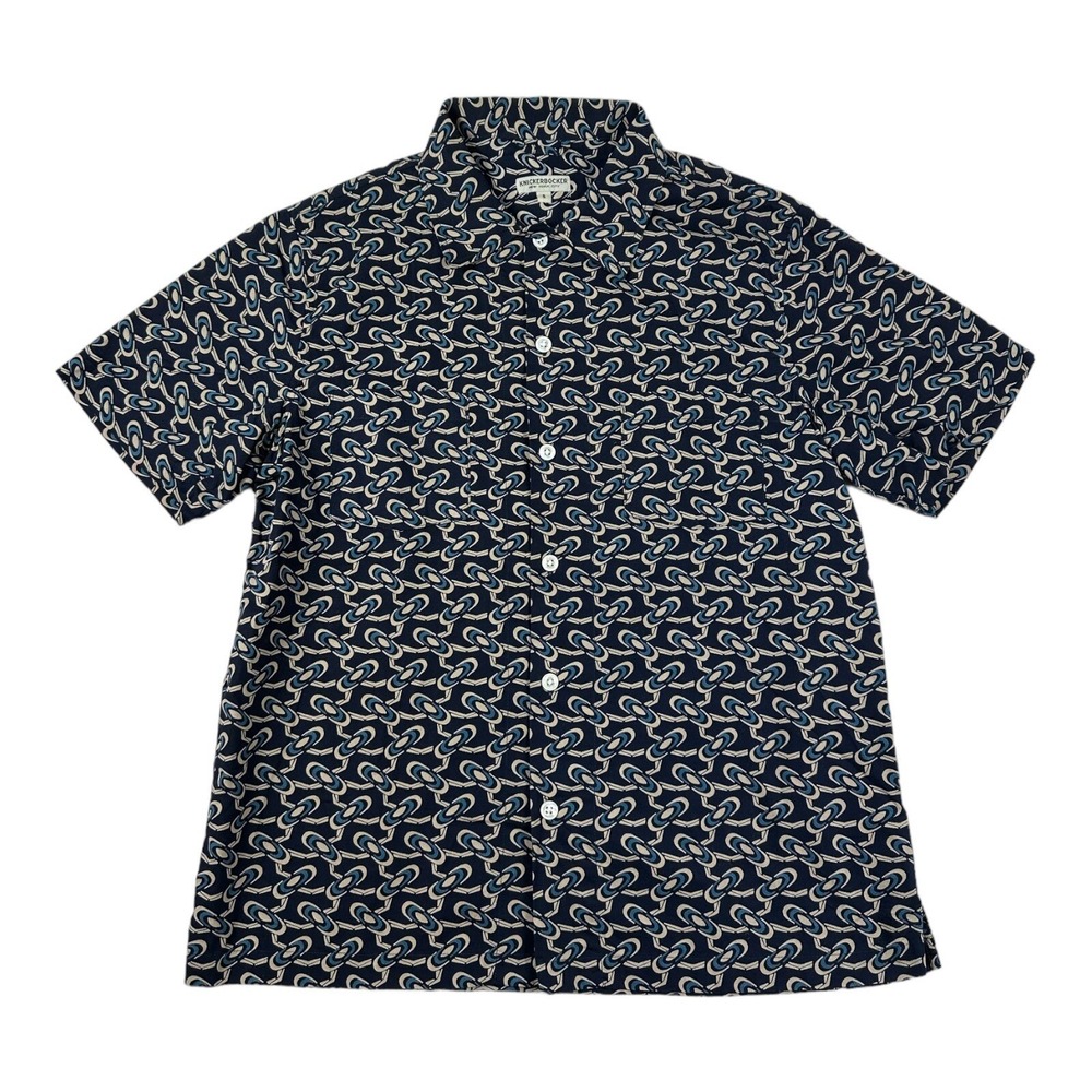 Knickerbocker New York Blue Tan Geometric Rayon SS Button Up Shirt Mens Small